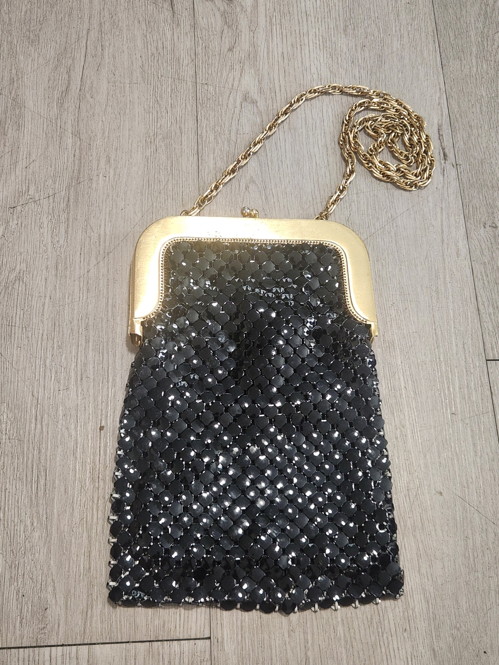 Vintage Whiting & Davis Black Metal Mesh Gold Chain Evening Purse Bag